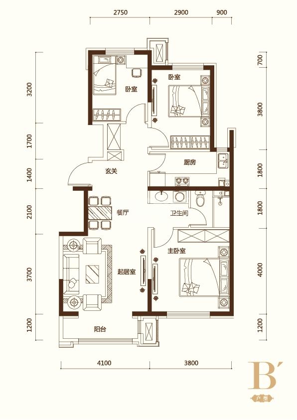 B′户型3室2厅1卫 100平米
